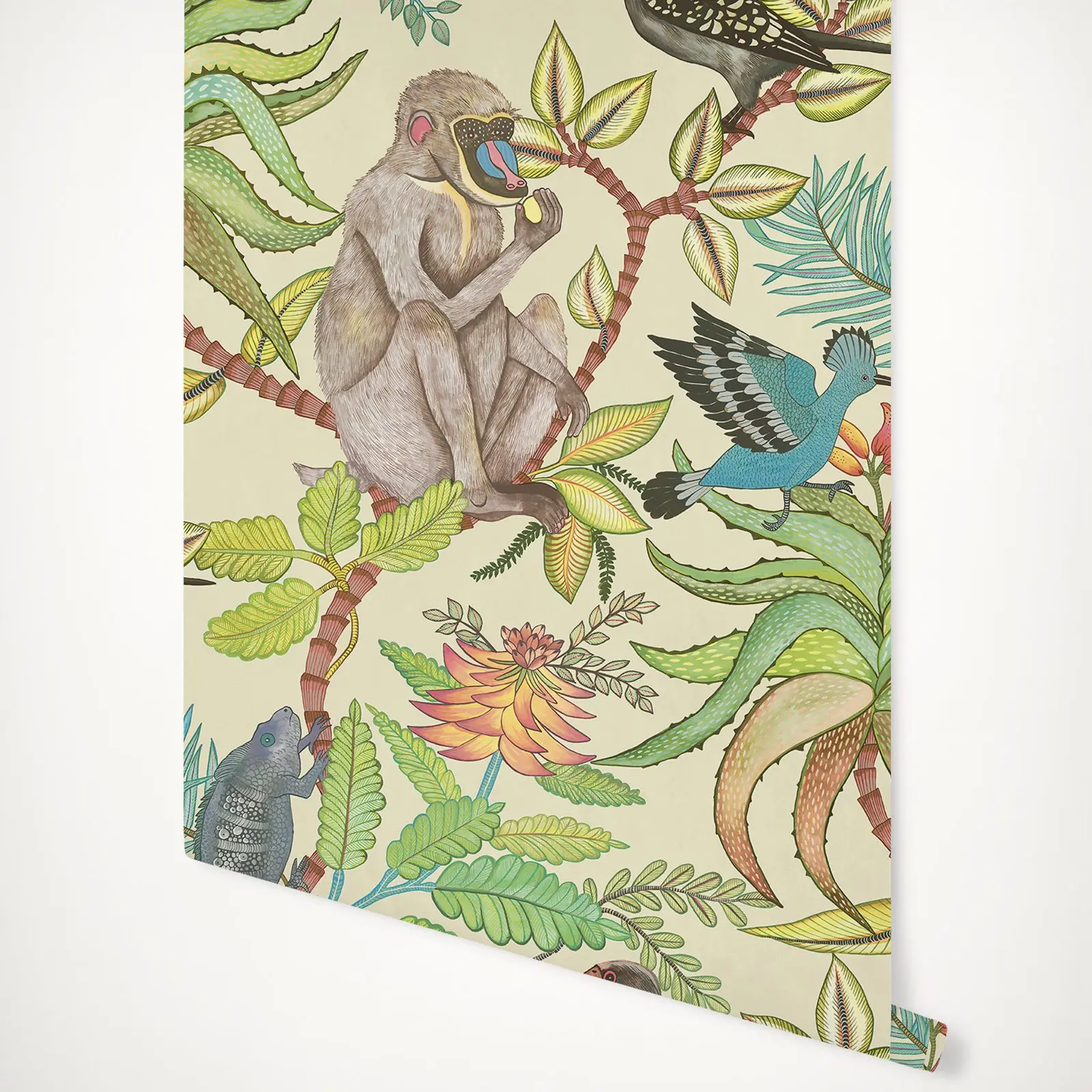 Quirky animal jungle Wallpaper with baboon, chameleon and exotic birds against a cream background, Nordic Wall paper SAVUTI