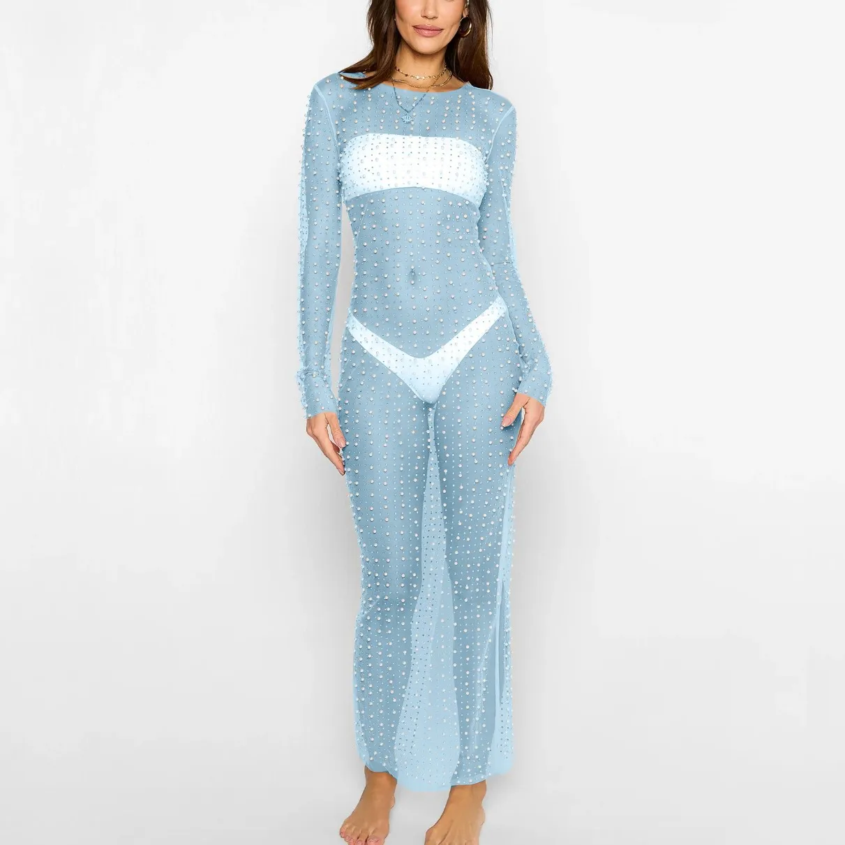 PartyArt Abito In Rete Con Strass Per Donna, Copricostume Da Spiaggia, Gonna Lunga Trasparente, Taglia Unica
