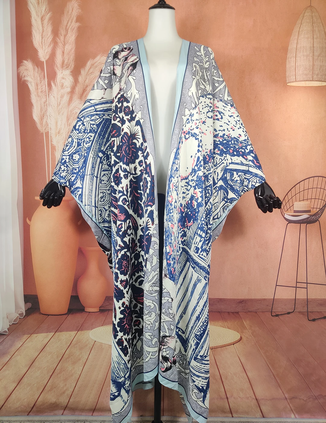 African Summer New Fashion Printed Open Front Silk Women's Long Duster Coat Oversize Bohemian Muslim Lady Prayer Kimonos