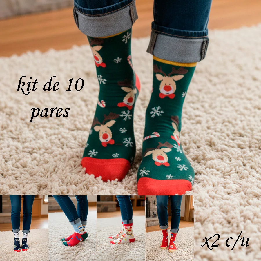 Colección Completa de Calcetines Navideños de Reno y Copos - 10 Piezas