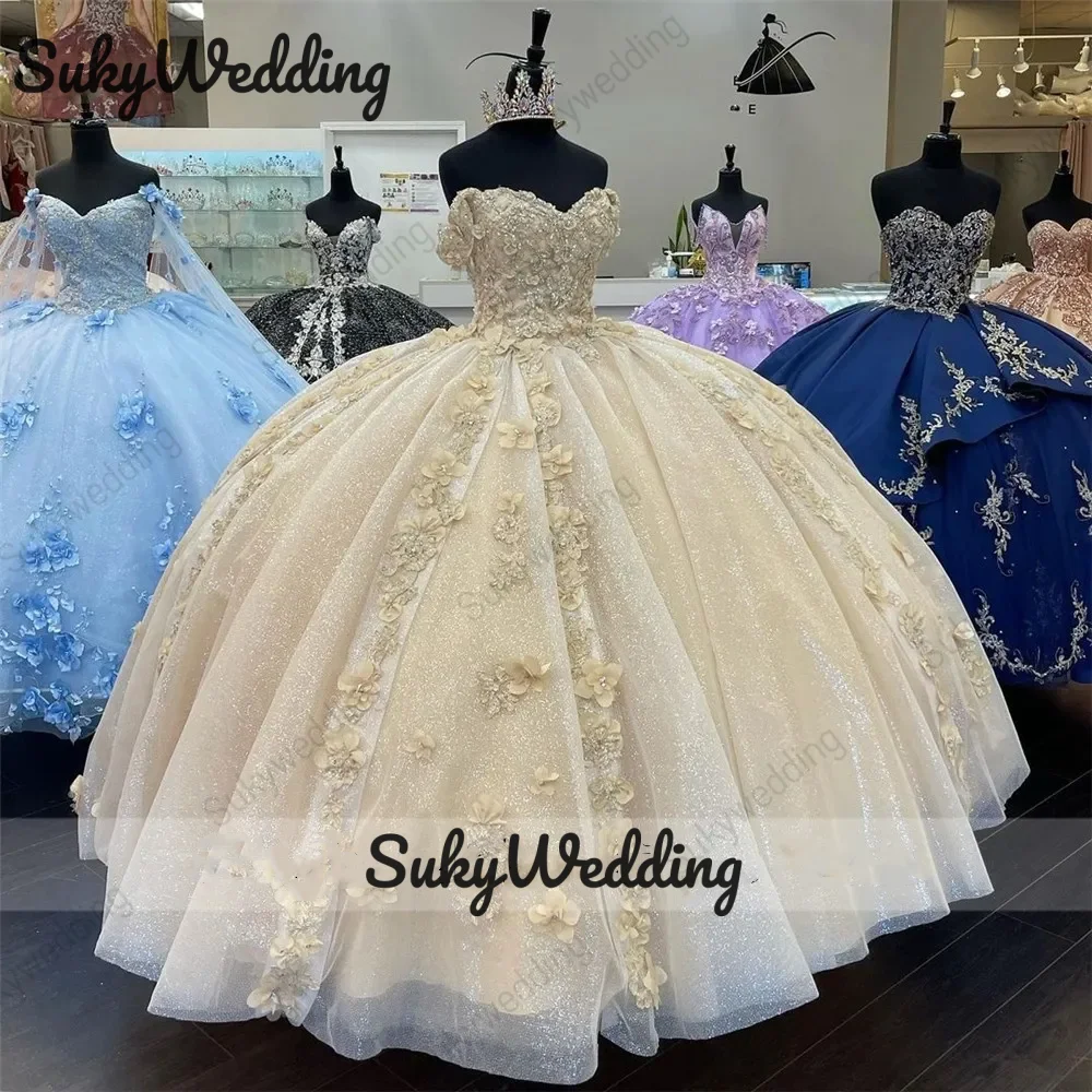 

Шампанское платье для Quinceanera с 3D цветами с открытыми плечами блестками аппликация кружевной корсет принцесса милые 15 Бальные платья для выпускного вечера