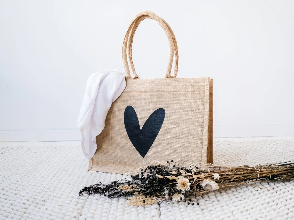 Heart Jute Bag For Mom And Child Mother's Day Gift Beach Bags Tote Bag