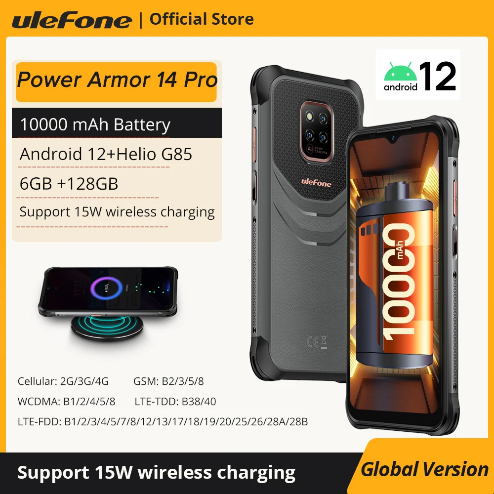 Ulefone Power Armor 14 Pro，Новый Защищенный смартфон，10000 mAh батарея ，6 ГБ ОЗУ 128 ГБ ПЗУ，андроид 12，мобильный телефон，поддержка 15W Беспроводная зарядка， NFC ulefone power armor 14 pro 8 128 гб защищенный смартфон 10000 мач android 12 водонепроницаемый смартфон nfc global глобальная верси