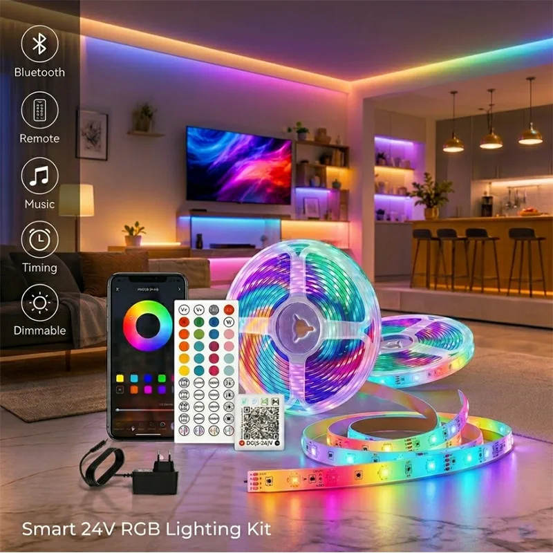 Colorful Remote-Controlled RGB LED Strip Lights for Stylish Room and Bedroom Decoration