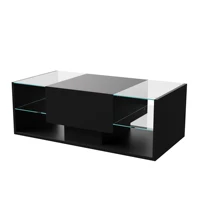 Table basse super brillante, table de salon avec LED et tiroirs, table de canapé noire moderne avec espace de rangement, table d'appoint avec 2 étagères en verre, pour salon 8