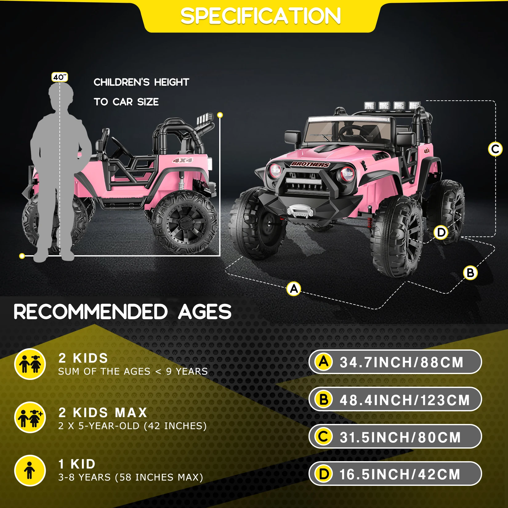 24V 2-Seater Kids Ride on Car Truck 9AH Battery Powered Toy Car with 2x200W Motor Large Wheels Soft Braking LED Lights