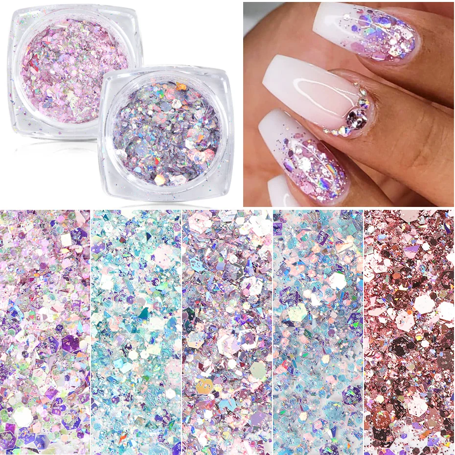 Mirror Iridescent Nail Art Sequins Holographic Mixed Hexagon Chunky Nail  Glitter Powder Flakes Sparkly Spangles Manicure LAGB