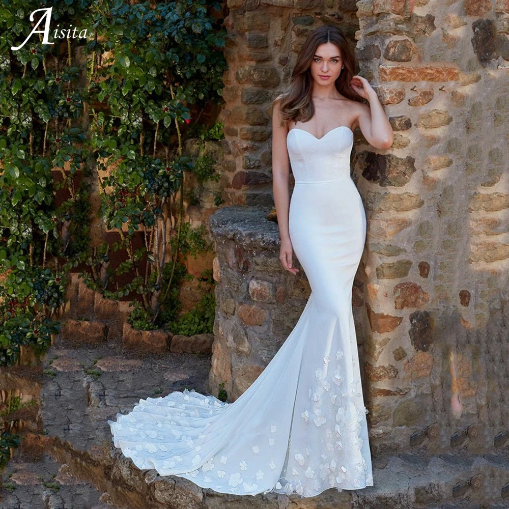 Simple Mermaid Wedding Dresses With 3D Flowers Embroidery Grace Satin Vestidos De Novia Sexy