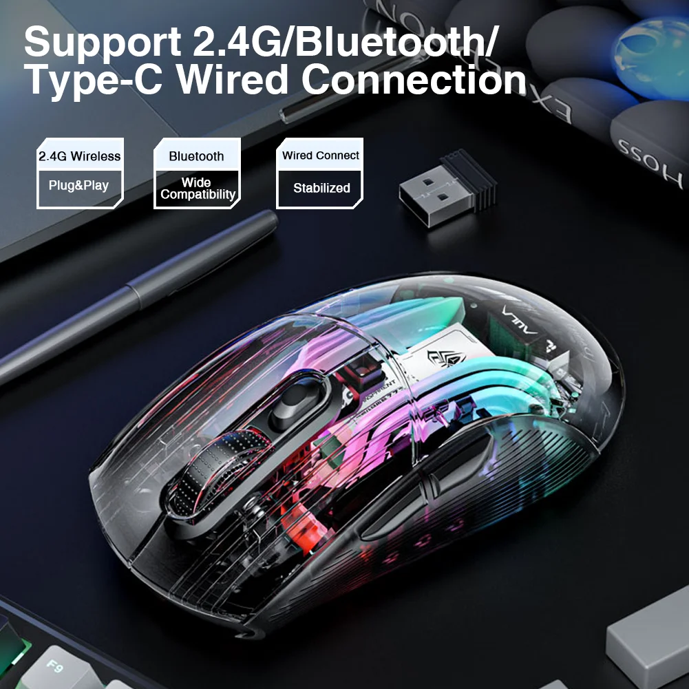 AULA SC630 Tri-mode Wireless RGB Mouse 4000 DPI Transparent 11 RGB Light Modes With Charging Base For Wireless Mouse Wireless Optical Mouse