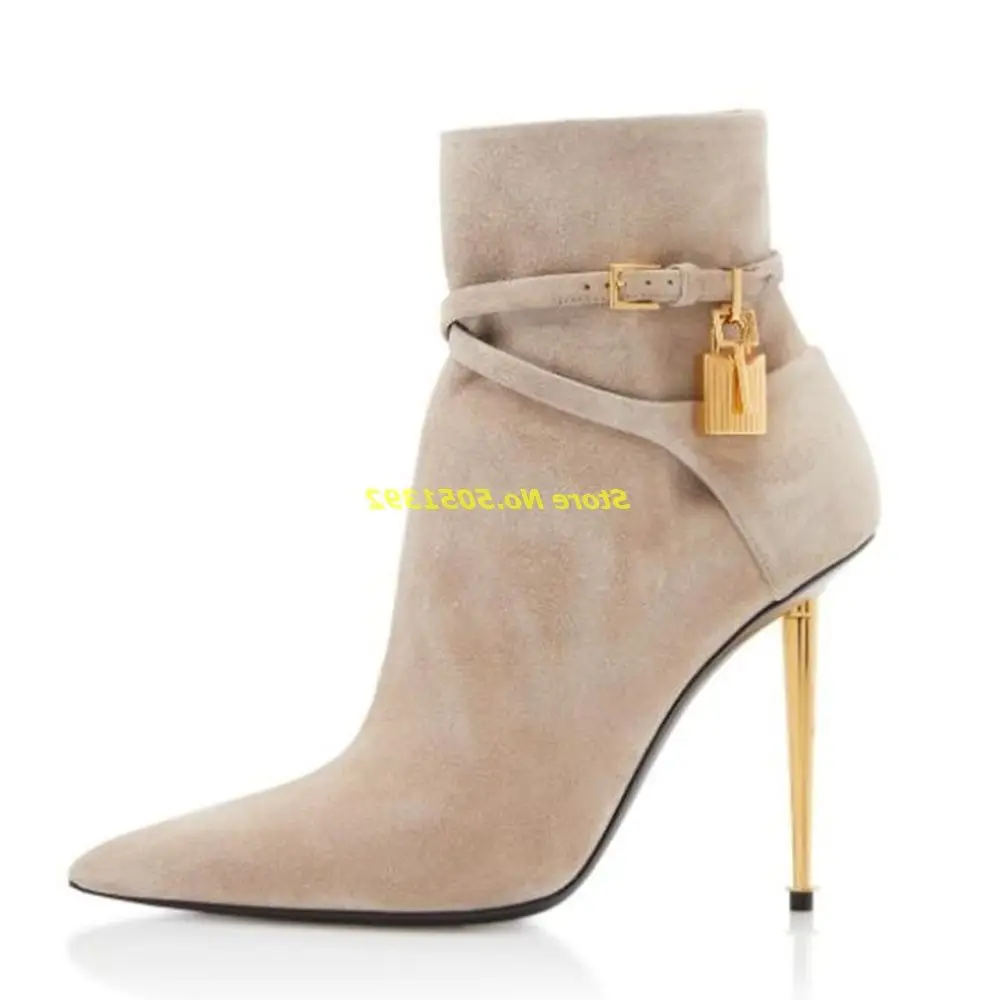 

Suede Leather Padlock Ankle Booties Sexy Pointed Toe Stiletto Thin High Heel Fashion Runway Women Boots Strap Solid Women Boot