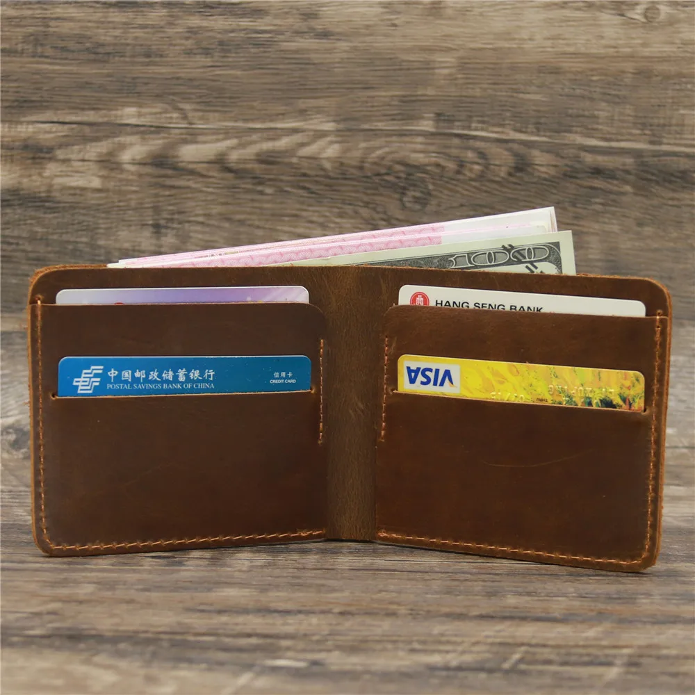 Minimalism Genuine Leather Crazy Horse Hand-made Men's Purse Vintage Card Holder Wallet Dollar Purses Money Clip 3