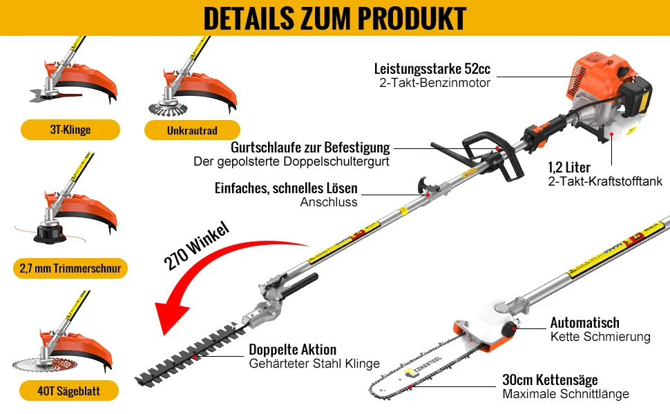 CONENTOOL 6 in 1 Benzin Freischneider 52cc 2500W 2 Takt Motorsense Rasentrimmer mit Kettensäge Heckenschere und Sägeblatt – Detail 3