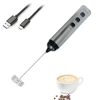 3-speed rechargeable automatic handheld stainless steel milk frother, suitable for cappuccino, matcha, and quick coffee brewing. 1