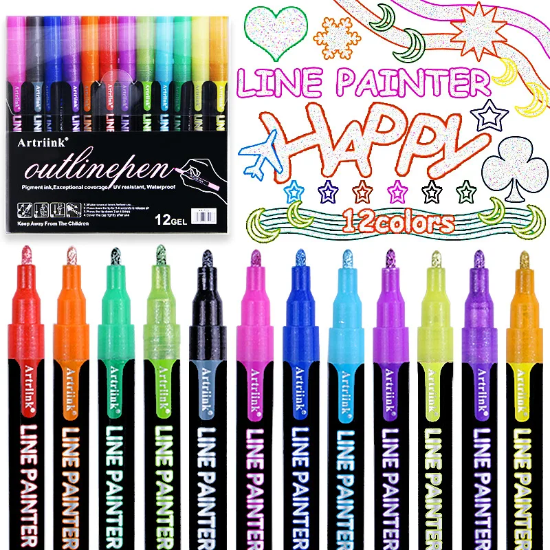 6pcs set of double line outline pen creative three dimensional two color neutral note note highlighter color hand account pen 8 12-color Shiny Double-line Outline Pen Color Marker Student with Fluorescent Set Double Silver Light Hand Account Pen