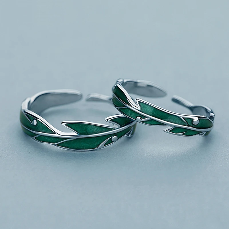 Finger Rings Couple Rings Sweet Simple Irregular Green Leaves Couple Ring for Women Lover Silver Color Open Resizable Rings Romantic Wedding Jewelry