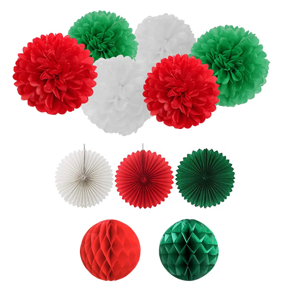 

Red White Green Hanging Paper for Christmas Party Decorations Paper Pom Poms Flowers Honeycomb Birthday Wedding Supplies Decor