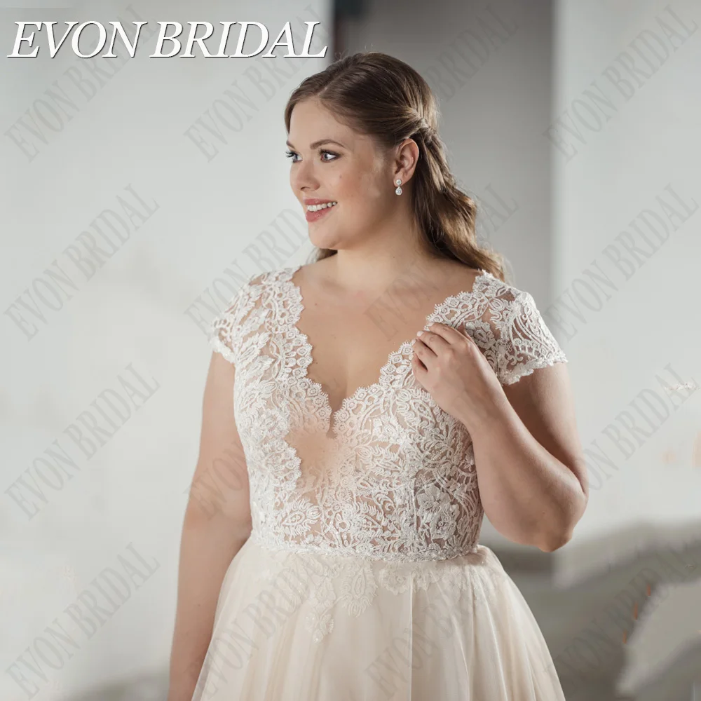 Фото Evon Bridal Шампанское Свадебное изысканное платье EVON цвета шампанского, свадебные платья 2024 с рукавами-крылышками и двойным V-образным вырезом, кружевные свадебные платья, трапециевидные фатиновые свадебные платья №3