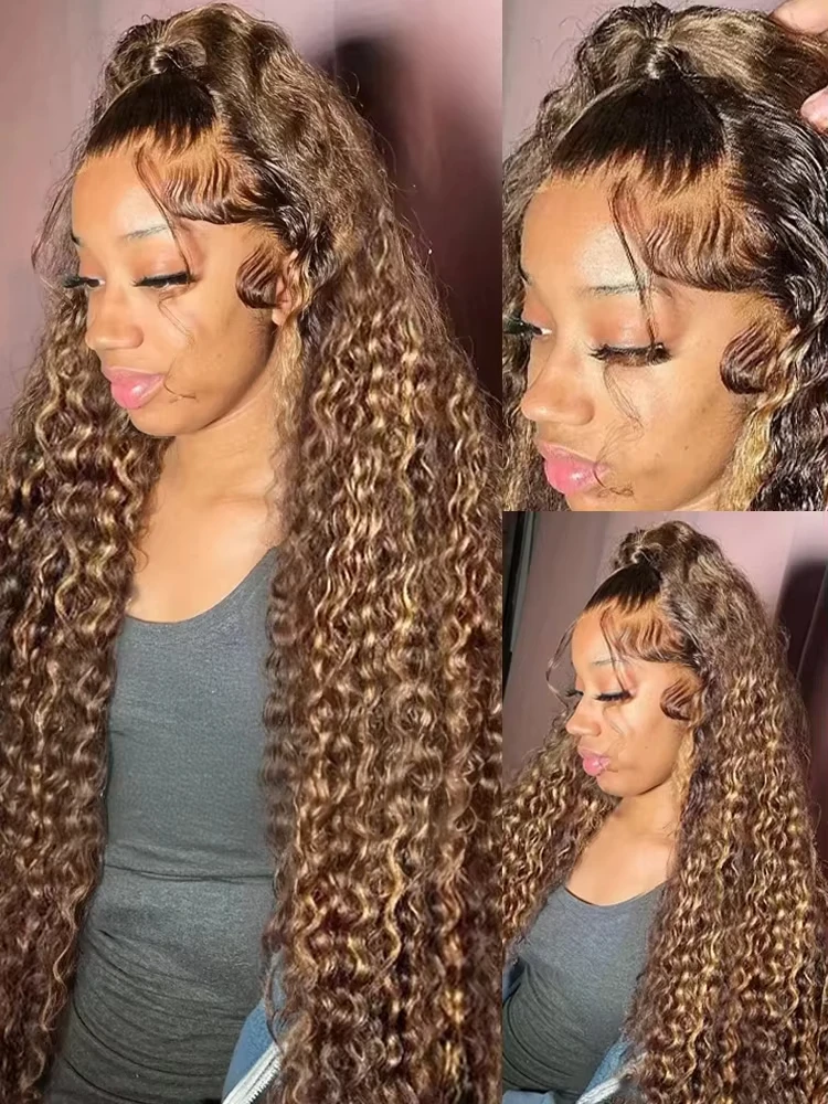 250% Highlight Deep Wave 13x6 Hd Lace Frontal Wig Human Hair Pre Plucked 30 40 Inch Brown Ombre Curly Water Wave human hair wigs 2
