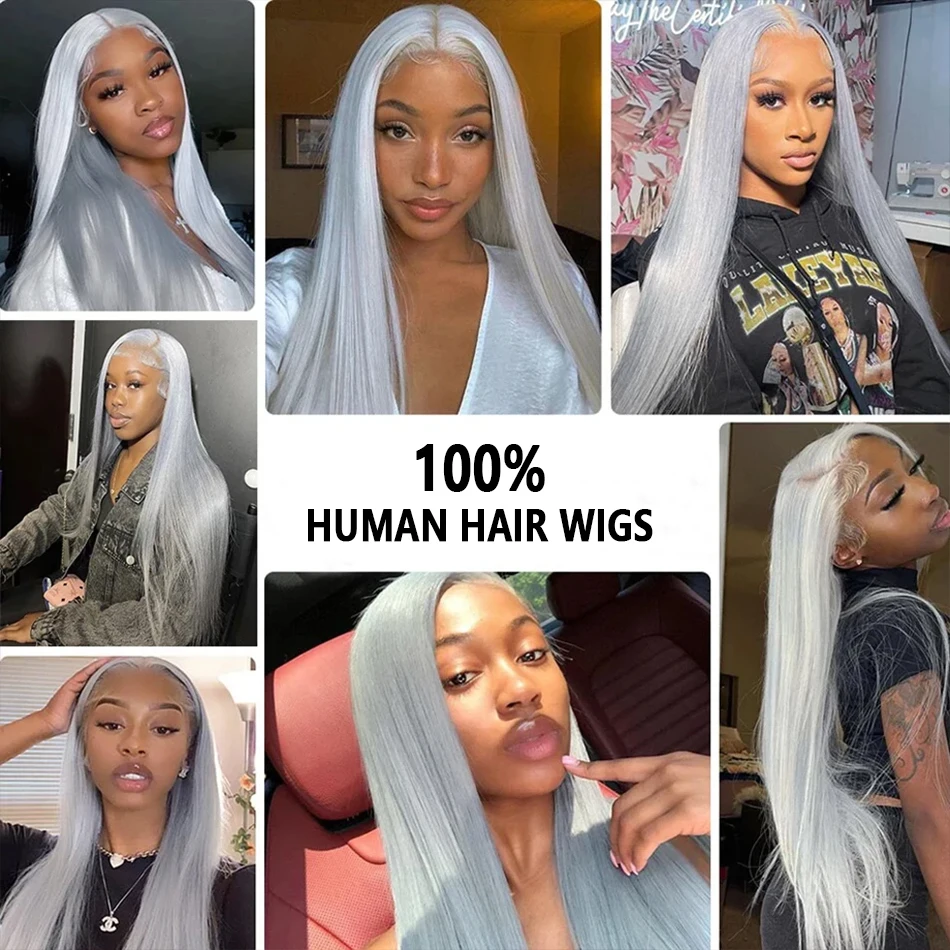 Silver Grey Straight Lace Front Wig 100% Human Hair 613 Colored HD Transparent Lace Frontal Wigs for Women Bleached Pre Plucked - Image 5