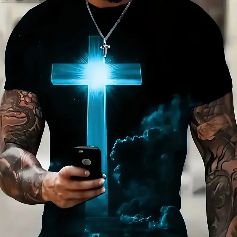 Camiseta masculina Jesus Cross estampada em 3D, Vintage, Harajuku Street Tops, T respirável, extragrande, camiseta esportiva, roupa casual 9 Afdfe7a4b2a62451d8390135d69af3669w