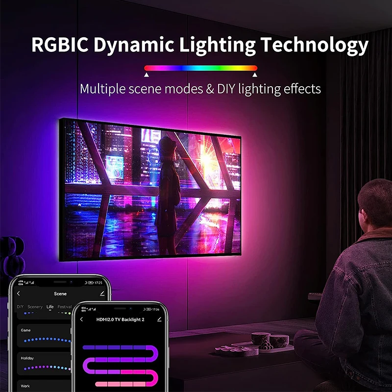 RGBIC 주변 Led 백라이트 4K 장치 상자 WIFI 블루투스 제어 테이프 화면 색상 동기화 스마트 Led 스트립 55-75 인치 TV