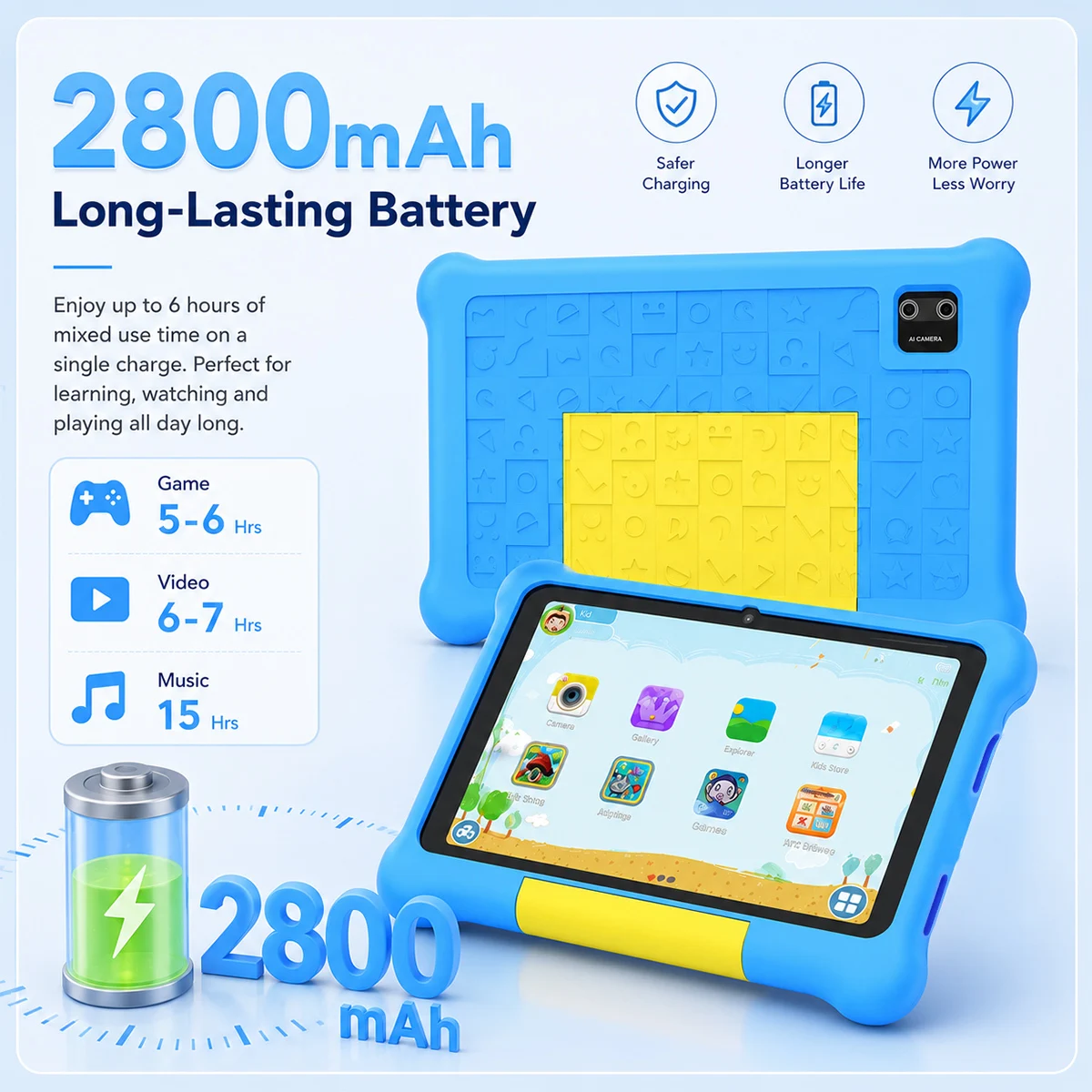 BUFO KB09 7 Inch Kids Tablet Android 15 Go 24(3+21)GB+32GB Widevine L1 WiFi6 BT5.4 1TB Expandable Children Learning Tablet PC With Shockproof Silicone Case