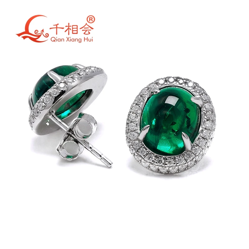 

green color emerald earing Created Hydrothermal Emerald Flat back oval cabochon 8*10mm 925 silver melee white moissanite Wedding