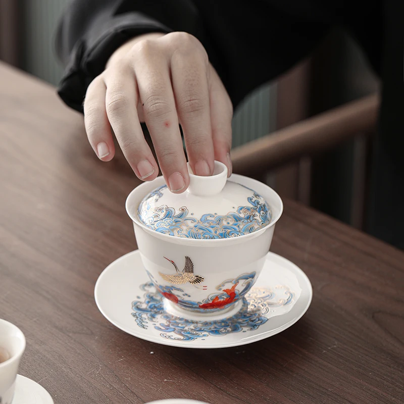 Suet jade crane Chinese ceramic gaiwan tea tureen cloud teaware cup Chinese fish tea bowls vintage chawan ceramony set