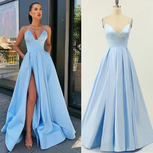 Sexy V Neck Satin Evening Dresses Spaghetti Strap Side High Slit Prom Dress Empire Evening Gowns Party Dress Robe de soiree