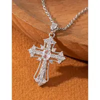 1-piece vintage cross necklace, exquisite and unique pendant clavicle chain, white and silver women's fashion jewelry, suitable 4