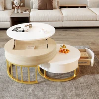 Comanlai Ensemble de 2 tables basses rondes pliables, table d'appoint réglable en hauteur, avec plateau relevable et tiroir, espace de rangement caché 4