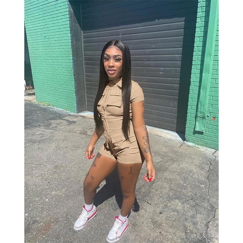Women Solid Cargo Playsuits 2023 Summer Turn Down Collar Short Sleeve Zip Up Multi Pockets Shorts Jumpsuit Fashion Casual Romper