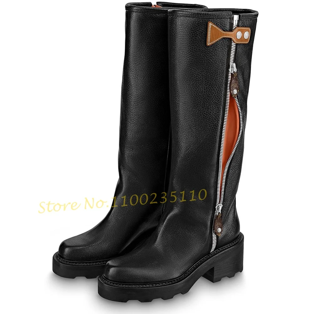 

Patchwork Side Zip Knee High Boots Women Hollow Thick Sole Trends Outfit Shoes Female Winter Block Heels Luxury Round Toe Boots