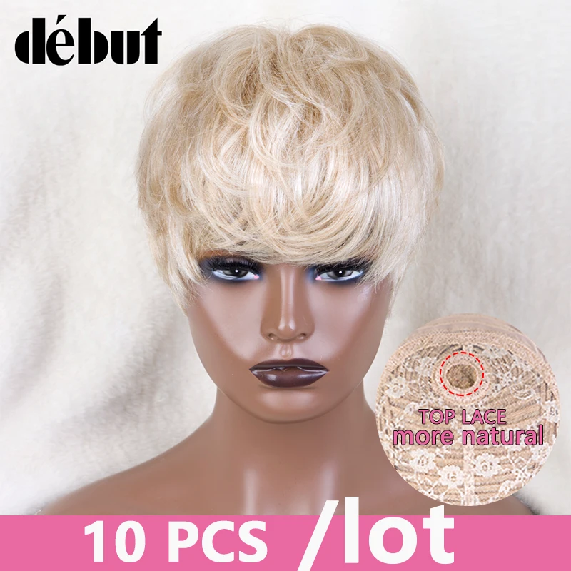 

Debut 613 Honey Blonde Color Wig Short Bob Pixie Cut Top Lace Transparent Brazilian Human Hair Wigs With Bangs For Black Women