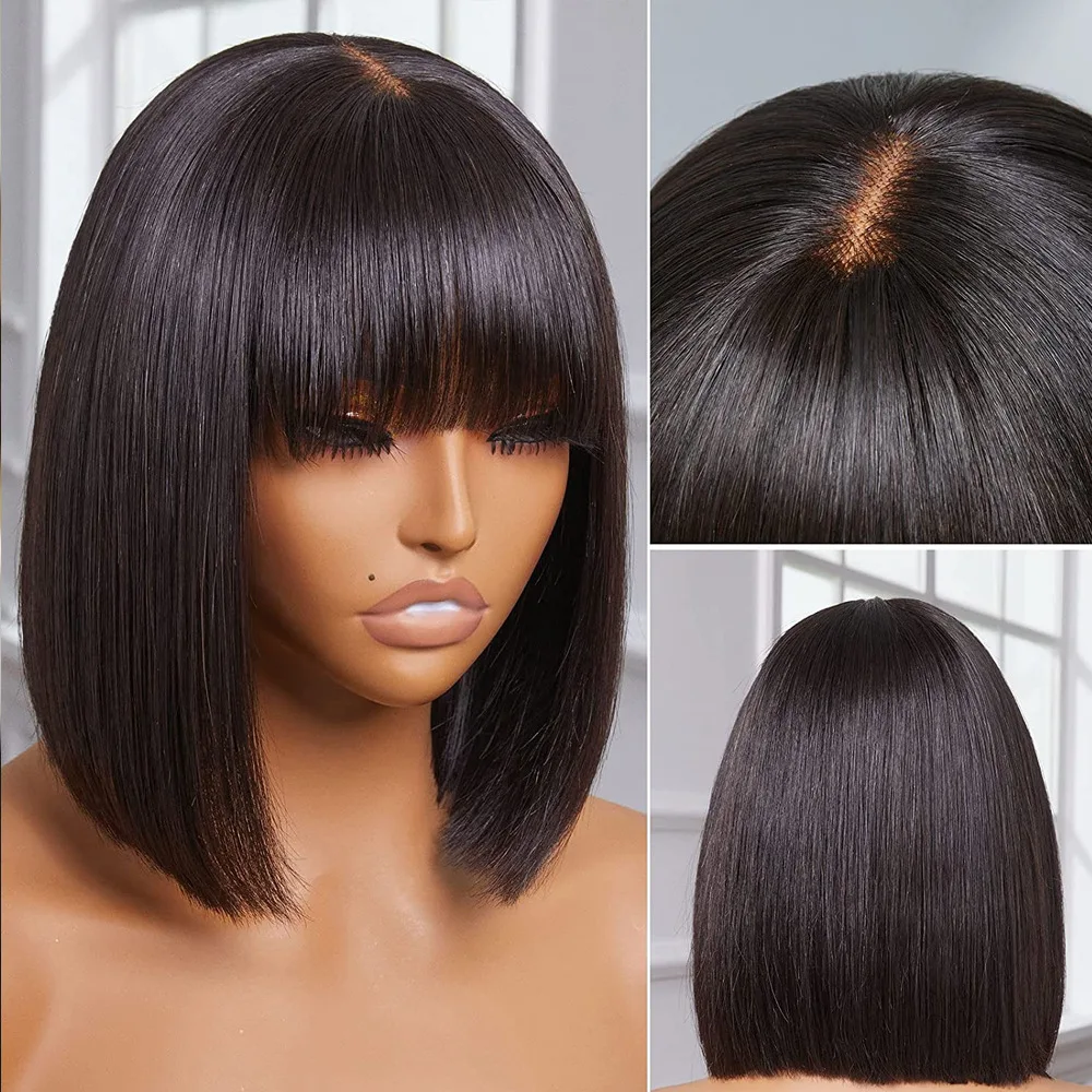 1x4 Lace Front Bob Wig Short Pixie Human Hair Wigs 10-12 Inches Straight Hair Brazilian Invisible Lace Wigs with Bangs