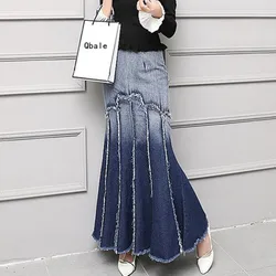 Vintage long jeans skirt women washed gradient high waist fringe skirts ladies wrap hips bodycon mermaid denim skirt jupe jean
