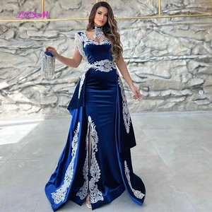 Марокканское вечернее платье Caftan, кружевное платье с рукавами-крылышками, ярко-синее вечерние хатное платье с разрезом и юбкой-годе, модель 2023