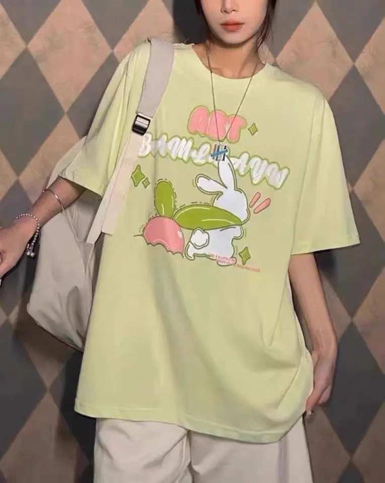 Japanese Retro Cartoon Rabbit Print T-shirt