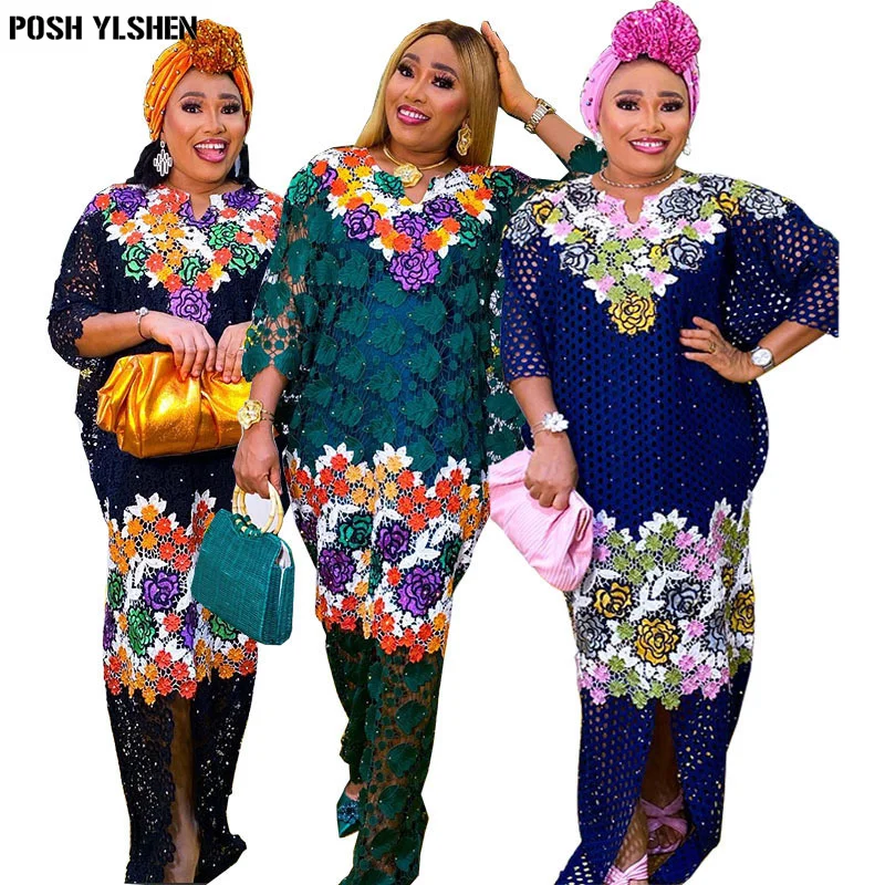 

Нигерийские женские кружевные платья Caftan, африканские платья для женщин с традиционным принтом Abaya Musulman Boubou Robe Africaine Femme, одежда