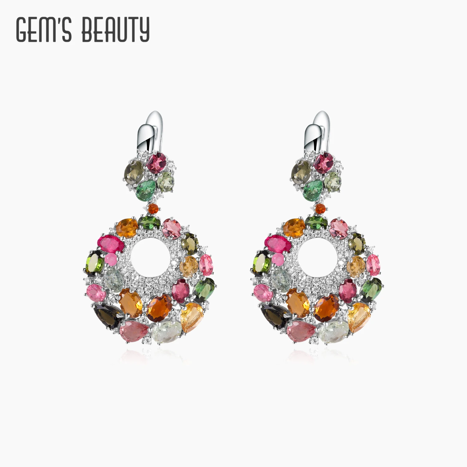 

GEM'S BEAUTY Multicolor Natural Tourmaline Gemstone Earrings in 925 Sterling Silver Handmade Double Circle Earrings Gift For Her