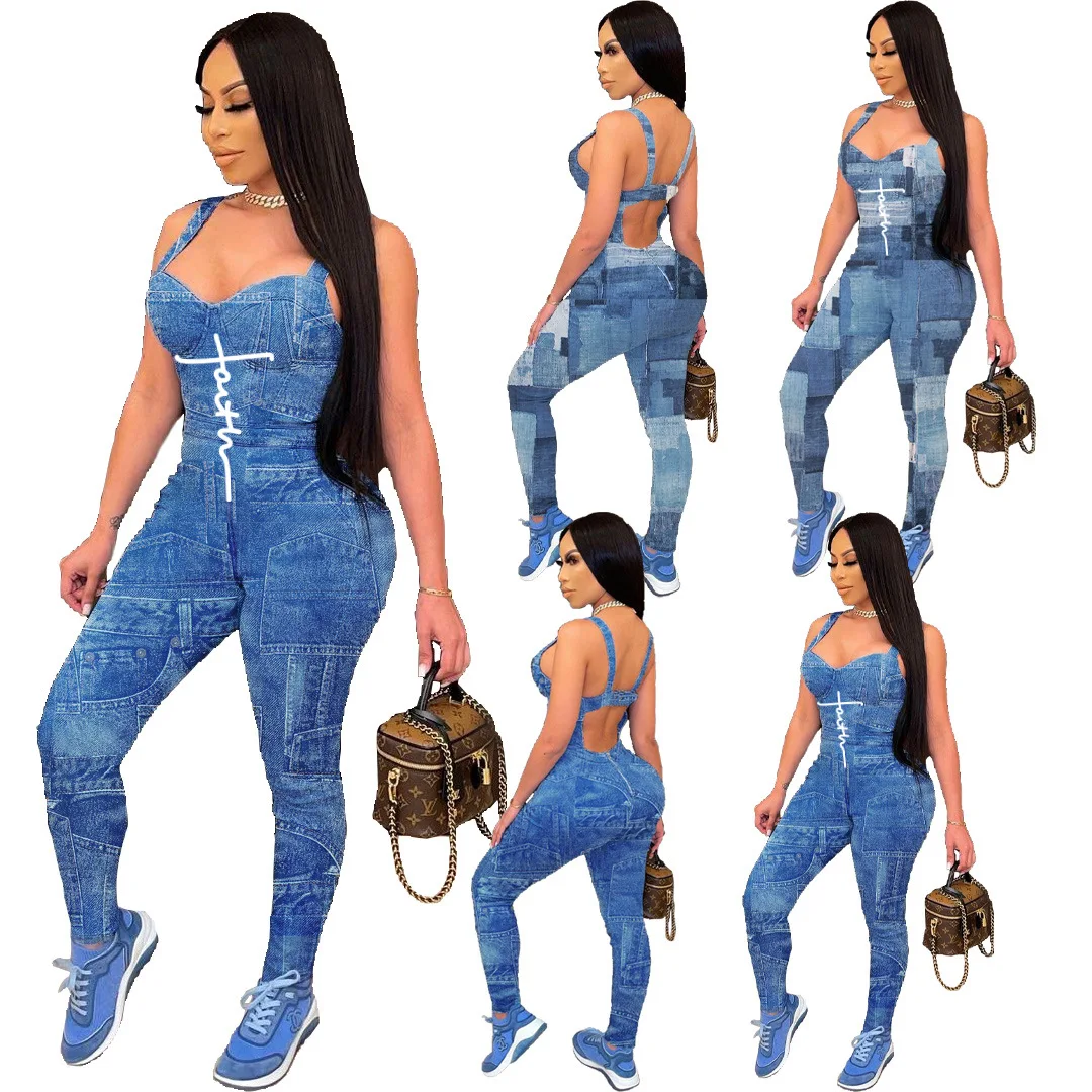 Fashion Women Summer Jumpsuits Sleeveless Sling Imitation Denim Printing Jumpsuit summer denim two piece sets womens outfits sling design sleeveless short tops and loose wide leg jeans streetwear 2 piece sets