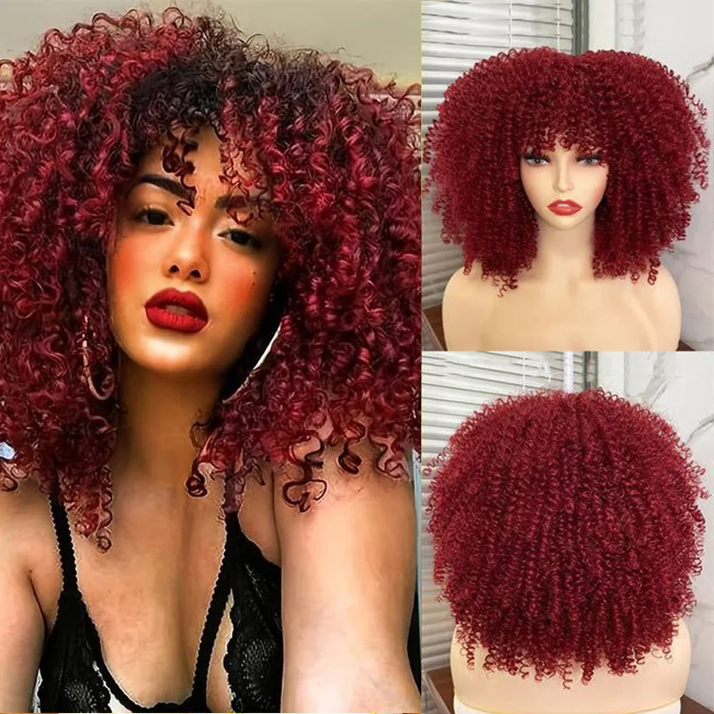 

Burgundy Short Afro Kinky Curly Wig With Bangs For Black Women Ombre Synthetic Wine Red Cosplay Wigs Heat Resistant Hair Wigs