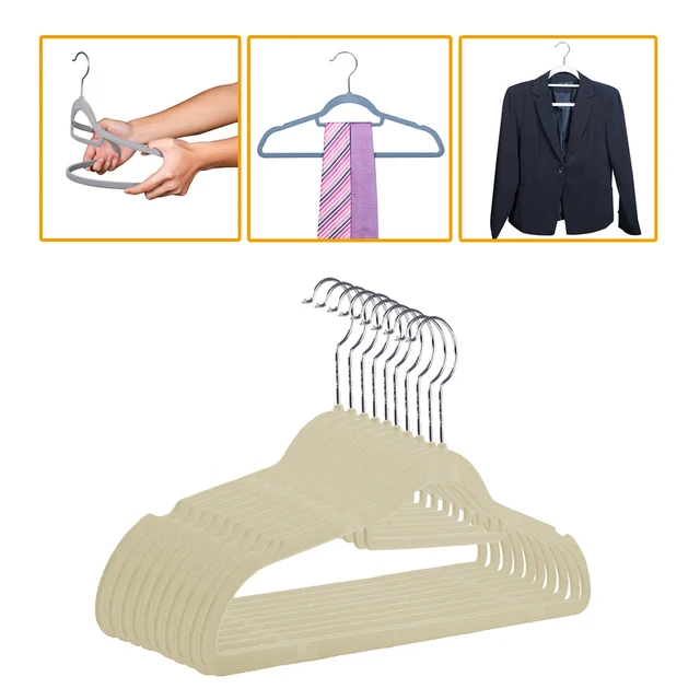 10 Slim Ultra Thin Lightweight Velvet Coated Hangers With Beige