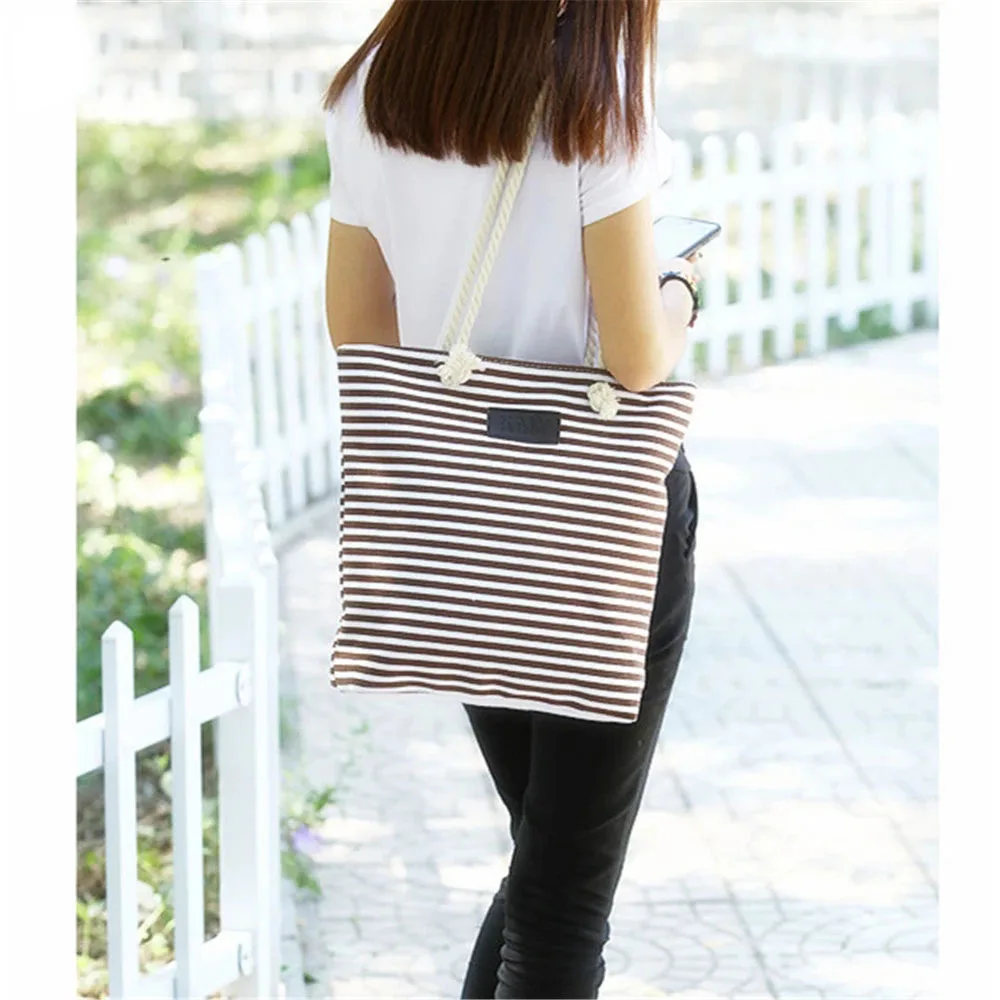 

Холщовая пляжная сумка в полоску для женщин, вместительные женские тоуты на молнии, повседневные дамские сумочки для покупок