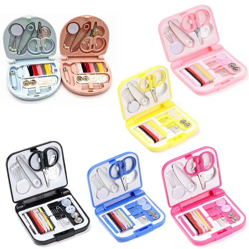 Portable mini travel sewing kits box with color needle threads pin scissor  sewing set with case