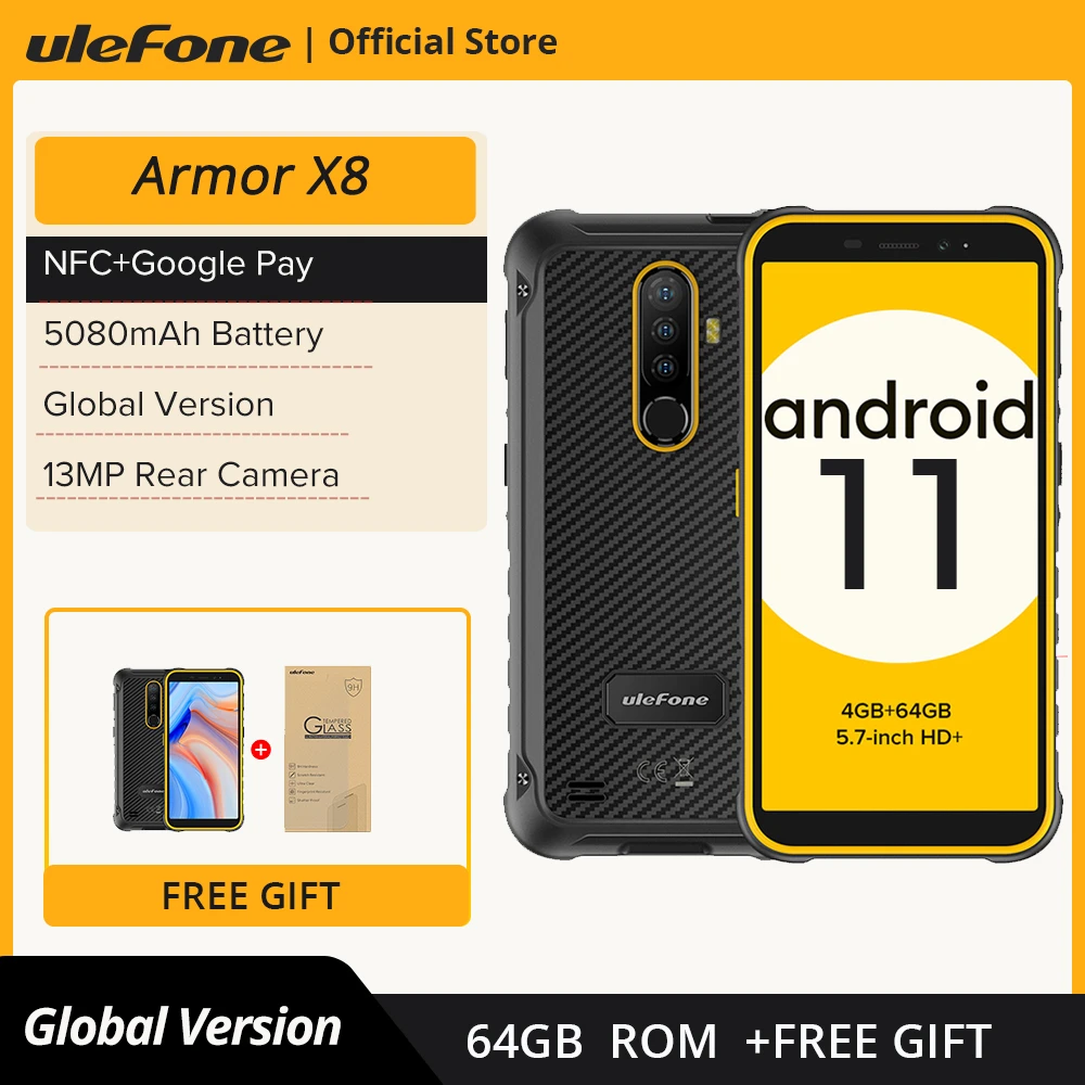 Ulefone Armor X8 Rugged Waterproof Smartphone Android11 5.7inch Cell