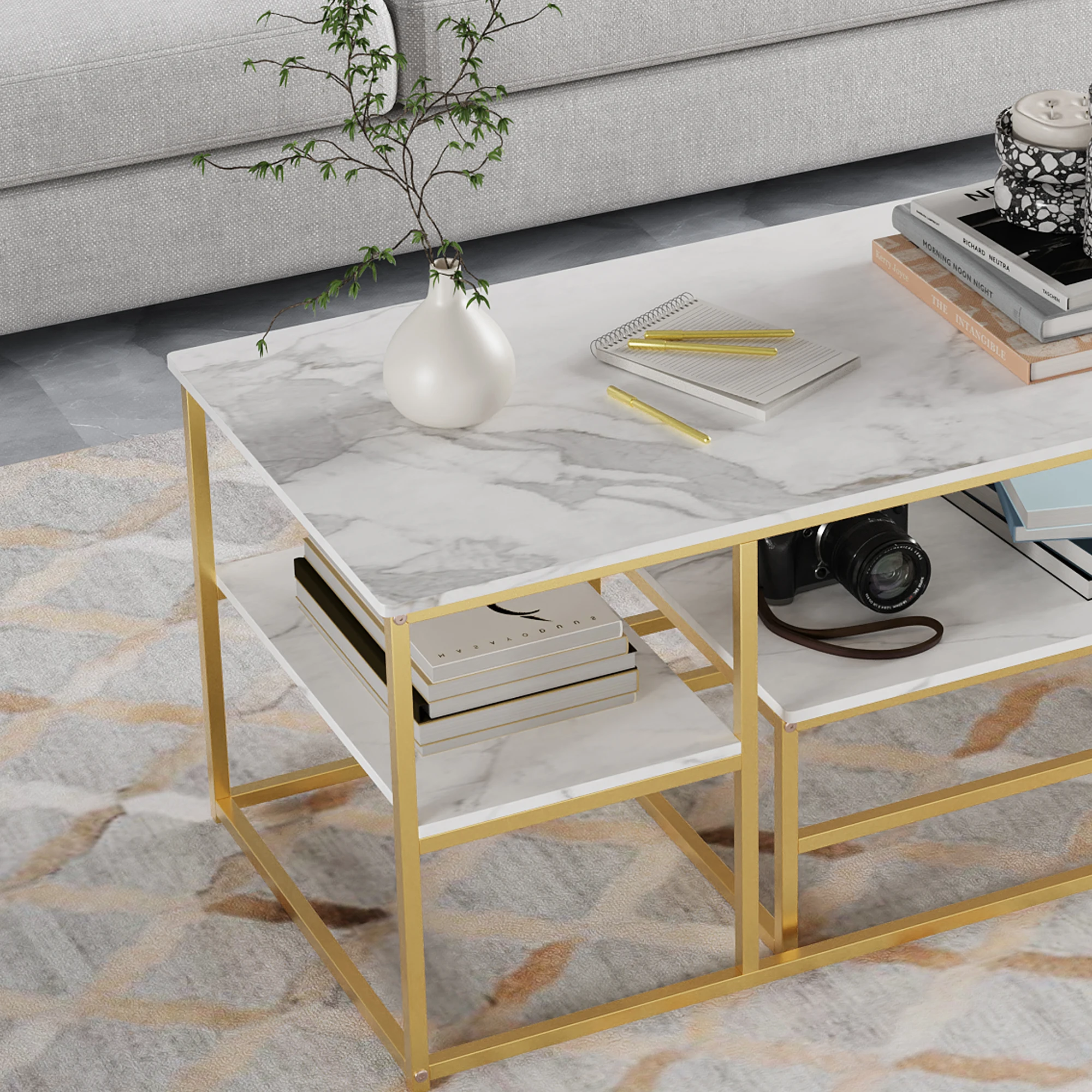 2-teiliges Wohnzimmertisch-Set, Couchtisch, Couchtisch mit Marmoreffekt und integriertem Stauraum, Sain-up-Lösung, Golden/Schwarz – Detail 9