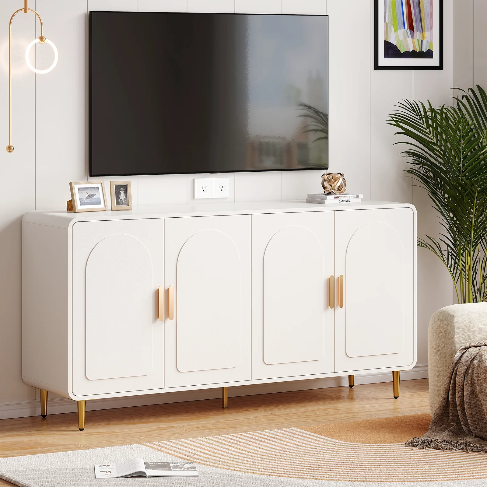 60" Sideboard Buffet Cabinet with Storage, Curved Design Cabinet with 4 Doors & Adjustable Shelves Modern Console Table 5