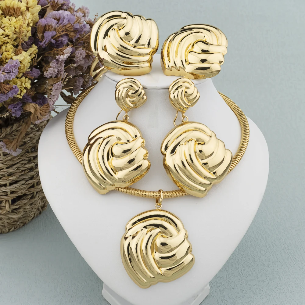 Luxus Weibliche Schmuck-Set Gold Farbe Halskette Großen Kreis Ohrringe Armreif Ring für Mode Frauen Dubai Afrikanischen Partei Schmuck