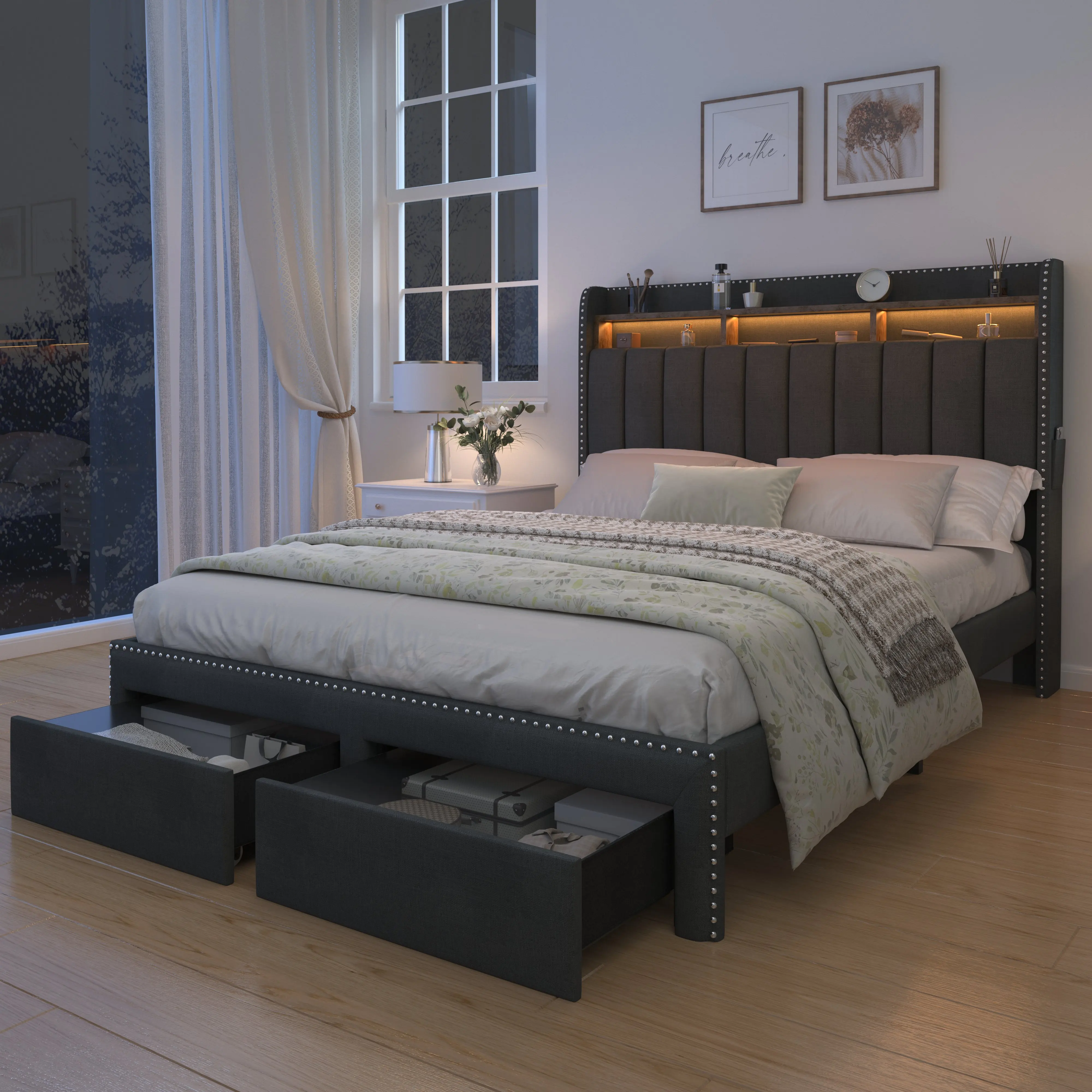 SIBEDS Queen LED Bed Frame with Storage Drawers, Upholstered Platform Bed with 2-Tier Wingback Headboard, No Box Spring Needed